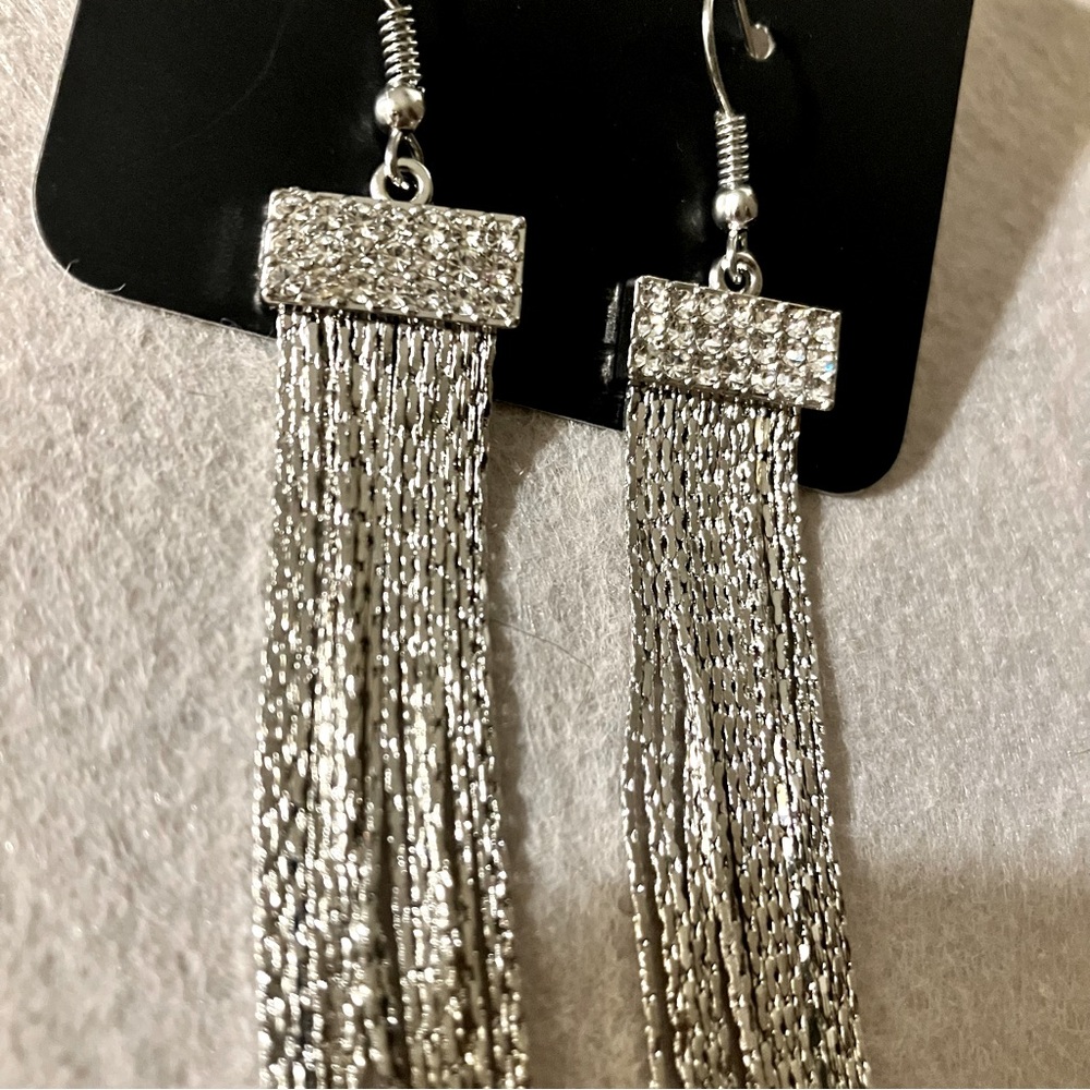 Silver chain and crystal rhinestone long earrings